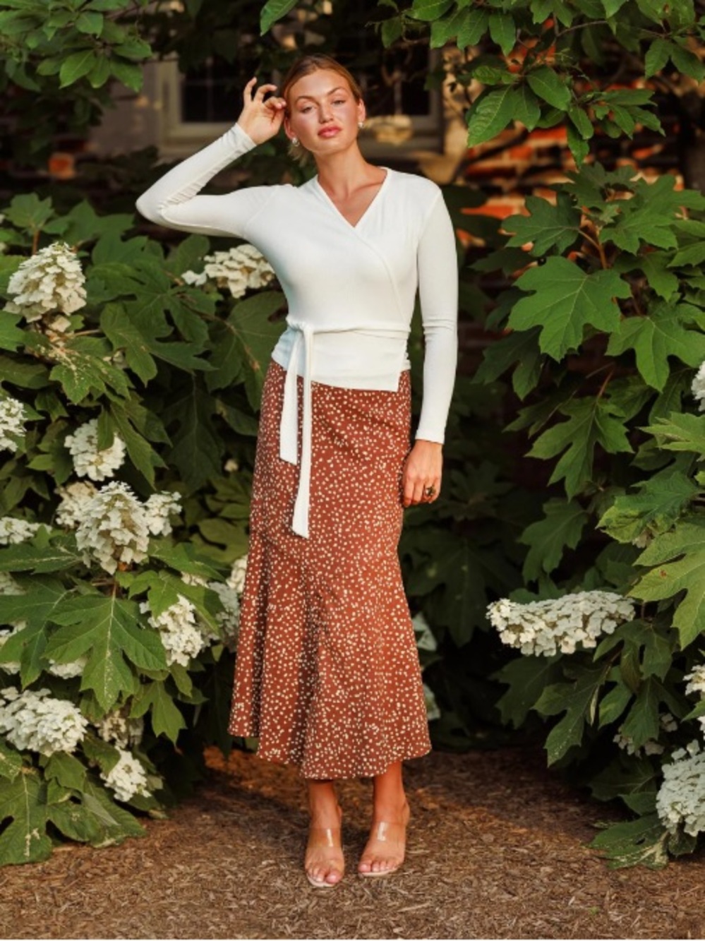 Ellie Makir Latte Dot Ruffle High Rise A-Line Maxi Skirt Preppy Brown XL